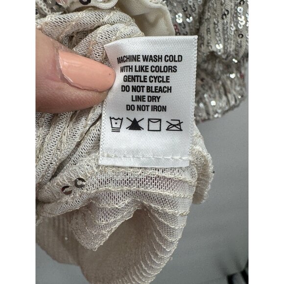 Cece Women XLarge Sequin Silver Blouse 3/4 Sleeve Lantern Elastic Waist Glam - Picture 6 of 11